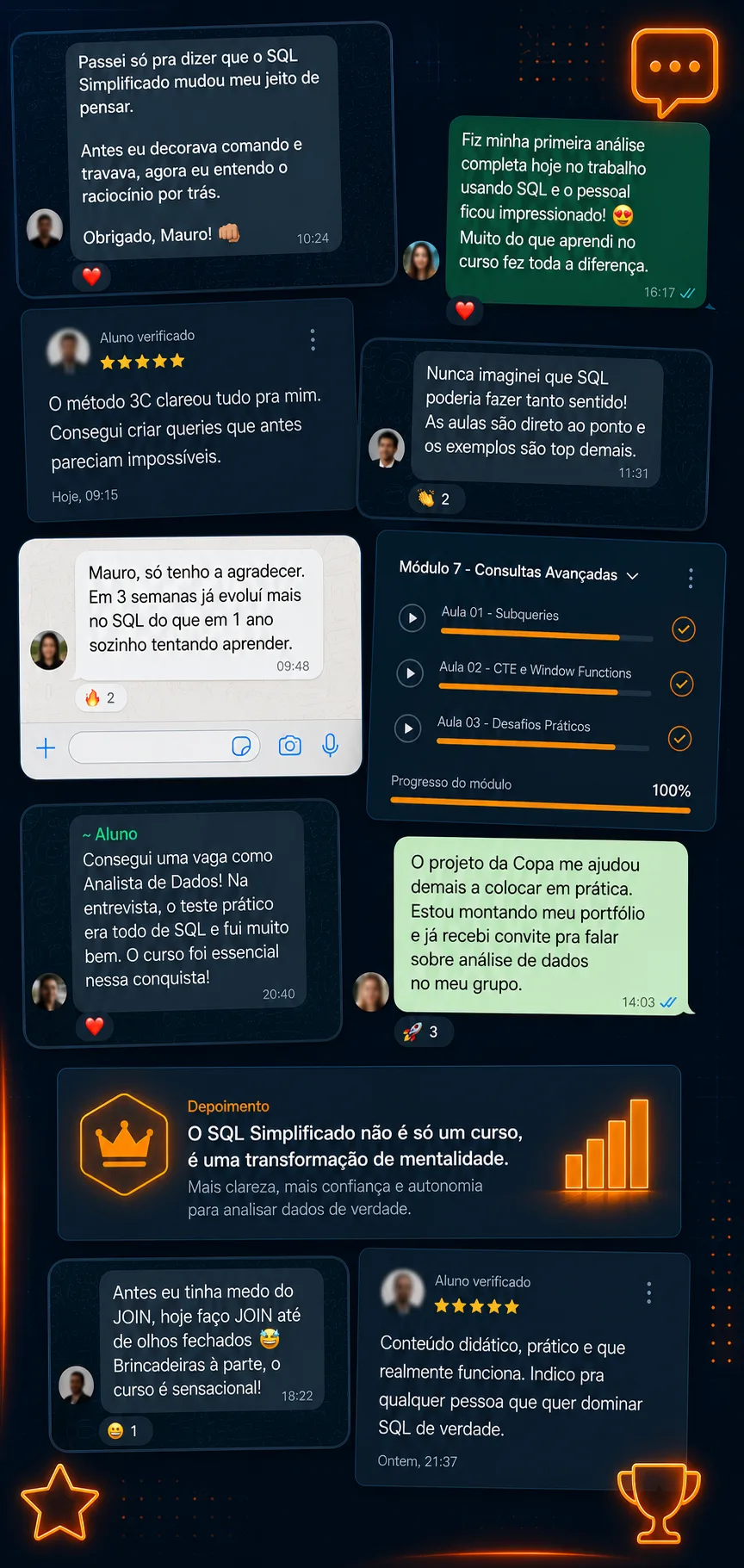 Mensagens de alunos relatando evolução, confiança e mais clareza ao aprender SQL